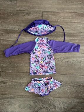 UV Skinz Purple Heart-Print Kids Rashguard Set with Hat and Skirted Bottoms